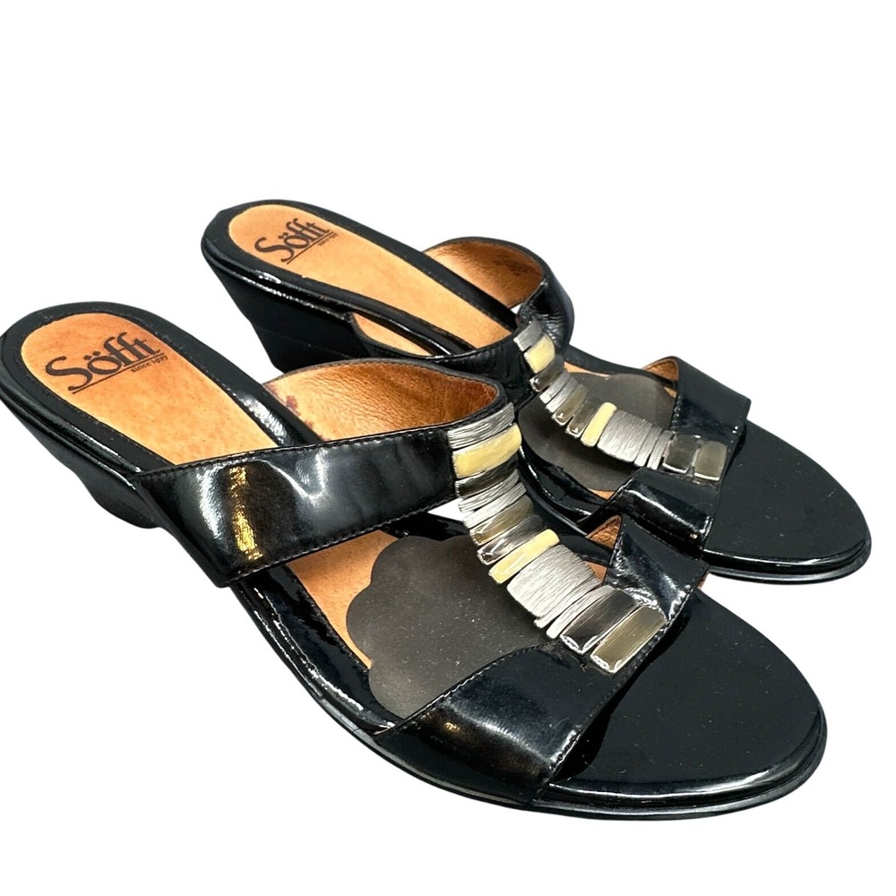 Sofft Anita Sandal 10N Comfort Wedge Heel Slide Black Patent Mod Easter Preppy
